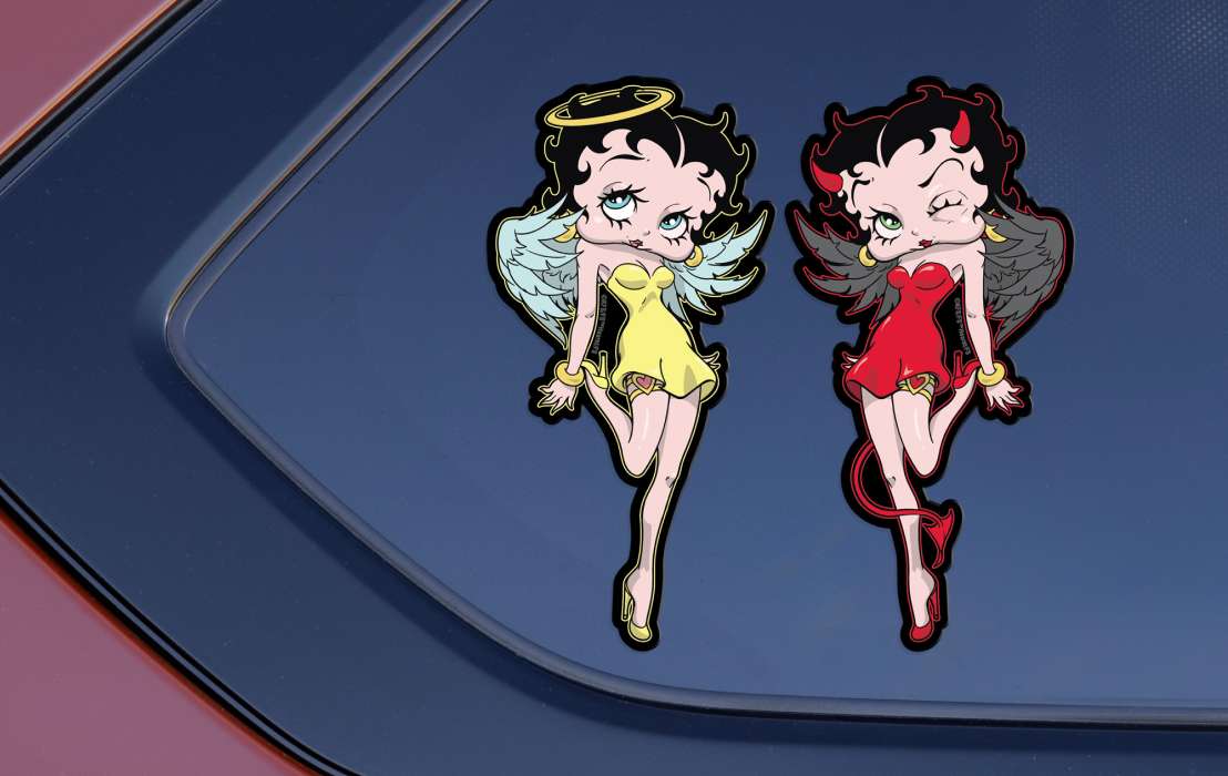 Decal of the character Betty Boop as a good angel and winking bad devil