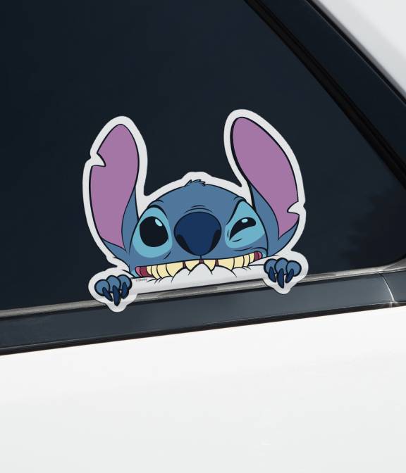 Sticker of the Disney character Stitch on a car window