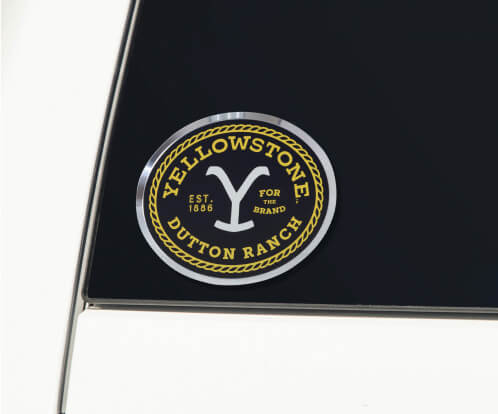 A window decal showing - Yellowstone Dutton Ranch est.1886 For the Brand